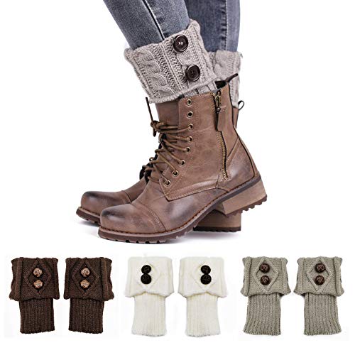 3 Pares Calentadores de Piernas de Invierno para Mujer, Calcetines con Puños de Punto para Botas de Ganchillo, Diseño de Botones Holgados, Calentadores de Tobillo Cortos - Blanco, Café, Gris
