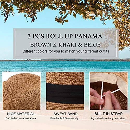 3 Piezas de Sombrero de Paja de Panama para Mujer Sombrero de Paja de ala Ancha Sombrero Enrollable Sombrero de Sol de Playa (Caqui, Marrón, Blanco, Correa Plisada)