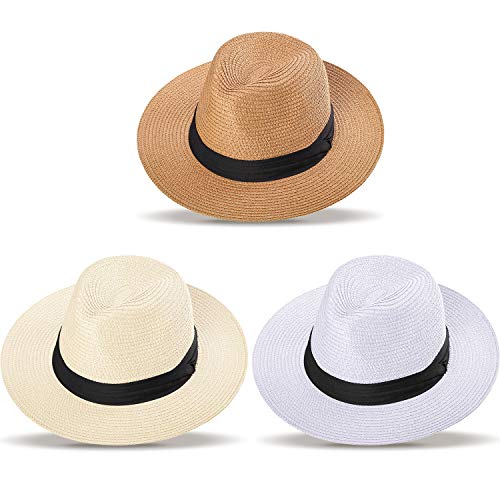 3 Piezas de Sombrero de Paja de Panama para Mujer Sombrero de Paja de ala Ancha Sombrero Enrollable Sombrero de Sol de Playa (Marrón, Beige, Blanco, Correa Plisada)