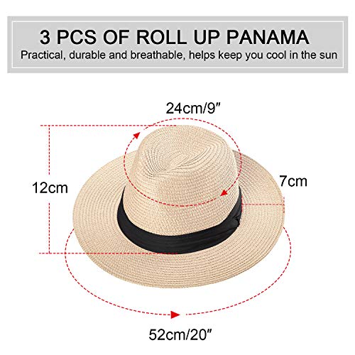 3 Piezas de Sombrero de Paja de Panama para Mujer Sombrero de Paja de ala Ancha Sombrero Enrollable Sombrero de Sol de Playa (Marrón, Beige, Blanco, Correa Plisada)