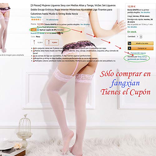 [3 Piezas] Mujeres Ligueros Sexy con Medias Altas y Tanga, VicSec Set Ligueros Doble Encaje Eróticos Ropa Interior Misterioso Ajustables Liga Tirantes para Calcetines hasta Muslo G-String Boda Novia