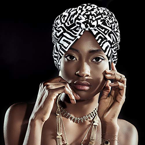 3 Piezas Turbantes Africano para Mujer Gorro de Nudo Pre-Atado Envoltura de Cabeza(Negro Naranja Rosa Geometría)