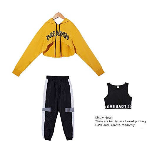 3Pcs Girls Hip Hop Dance Costume Niños Street Dance Clothes Set Sudadera Corta con Capucha, Camiseta sin Mangas, Pantalones Reflectantes
