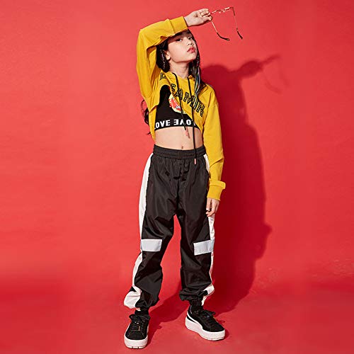 3Pcs Girls Hip Hop Dance Costume Niños Street Dance Clothes Set Sudadera Corta con Capucha, Camiseta sin Mangas, Pantalones Reflectantes