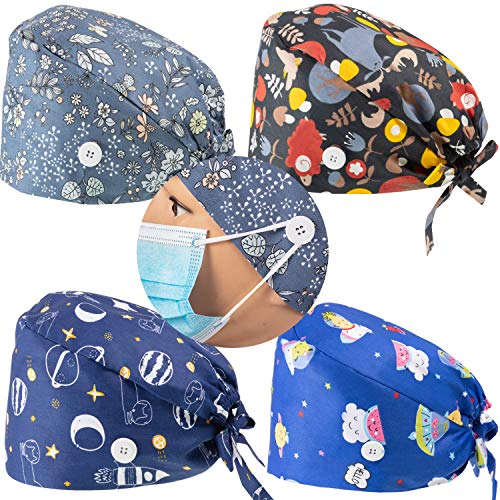 4 Piezas Gorro Bouffant con Botón y Banda de Sudor Ajustable Gorro Mantorral de Tie Back Cubierta de Pelo Estampada para Mujeres Hombres