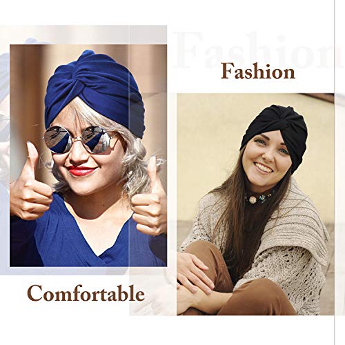 4 Piezas Gorro Turbante para Mujeres Gorro de Nudo Pre Atado Suave Pañuelo de Cabeza Plisada de Moda Gorra de Dormir, 4 Colores (Negro, Caqui, Azul Marino, Gris)