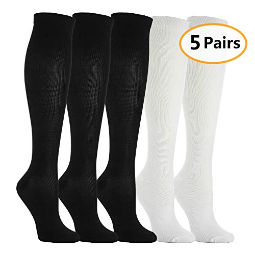 5 Pares Calcetines/Medias de Compresión para Hombres y Mujeres, Running, Deporte, Correr, Senderismo, Volar, Viajar, Varicosas, Embarazo y Médicos (EU 39-42, 3x Negro + 2x Blanco)