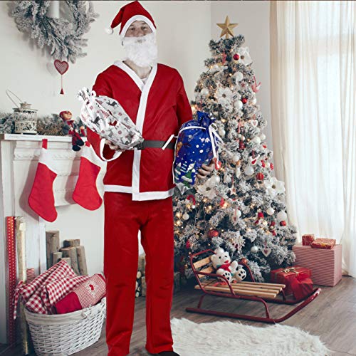 5 Piezas Traje Papá Noel para Adulto| Gorro, Cinturón, Pantalón, Chaqueta, Barba| Cálido y Cómodo de Llevar| Traje Santa Claus de Navidad, Fiesta de Disfraces.