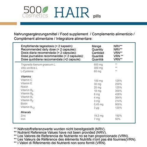 500Cosmetics Hair- Cápsulas Naturales para Prevenir y Evitar la Caída del Pelo con L-Cysteine y Zinc - Mejora el estado del Cabello y Aporta Nutrientes - Para Hombre y Mujer. (5)