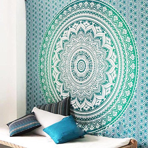 Aakriti Gallery Tapestry Queen Ombre Gift Hippie Tapestries Mandala Bohemian Psychedelic Intricate Indian Bedspread 92x82 Inches (Green)