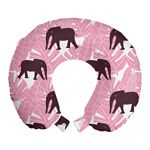 ABAKUHAUS Elefante Cojín de Viaje para Soporte de Cuello, África Tropical de Hoja de Palma, de Espuma con Memoria y Funda Estampada, 30x30 cm, Rosa en Colores Fucsia Oscuro