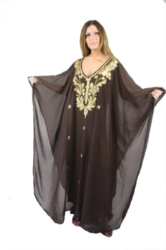 Abaya Vestido de gasa para mujer, con bordados, estilo oriental, DubaiAbaya, Caftán, vestido de noche, boda marrón/dorado Talla única