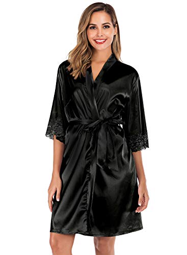 ABirdon Kimono Mujer Bata para Satén Batas Cortos Adorno de Encaje Dormir de Albornoz para Despedida de Soltera, Boda, Fiesta