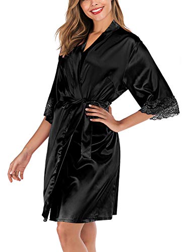 ABirdon Kimono Mujer Bata para Satén Batas Cortos Adorno de Encaje Dormir de Albornoz para Despedida de Soltera, Boda, Fiesta