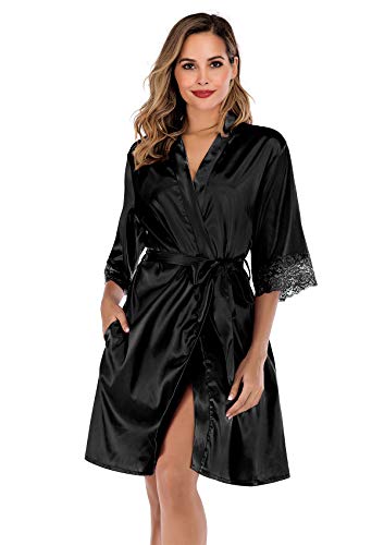 ABirdon Kimono Mujer Bata para Satén Batas Cortos Adorno de Encaje Dormir de Albornoz para Despedida de Soltera, Boda, Fiesta