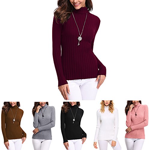 Abollria Basic Jersey Mujer Primavera Suéter Cuello Alto Invierno Pullover de Punto Otoño Manga Larga Sweater Turtleneck Top Rojo, XL