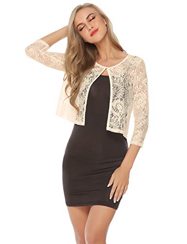 Abollria Bolero Manga Corta Mujer para Fiesta Boda Bordado Chaqueta Corta Primavera Torera Elegante Cárdigan Corto para Verano, Beige, M