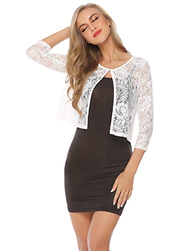 Abollria Bolero Manga Corta Mujer para Fiesta Boda Bordado Chaqueta Corta Primavera Torera Elegante Cárdigan Corto para Verano, Blanco, S