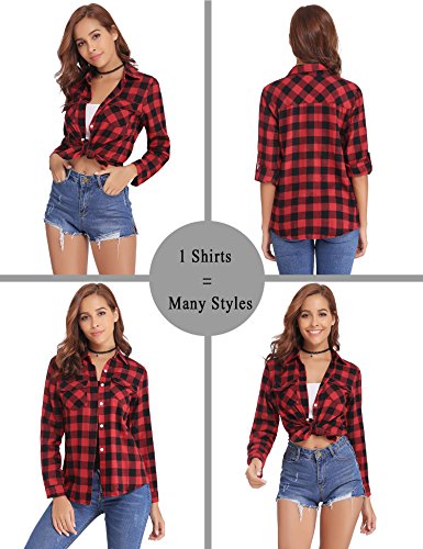 Abollria Camisa de Cuadros para Mujer Blusa Franela Manga Larga Oficina Camisetas con Botones Básico Shirt Casual Estilo de Boyfriend Suelto Tops para Otoño Invierno