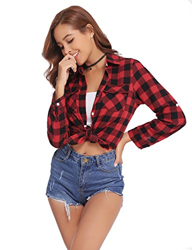 Abollria Camisa de Cuadros para Mujer Blusa Franela Manga Larga Oficina Camisetas con Botones Básico Shirt Casual Estilo de Boyfriend Suelto Tops para Otoño Invierno