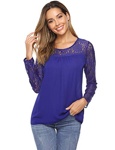 Abollria Camisa Elegante de Mujer con Bordado y Encajes Blusa Manga Larga Pullover Ligero Top con Cuello Redondo para Primavera Verano Otoño, Azul, 2XL