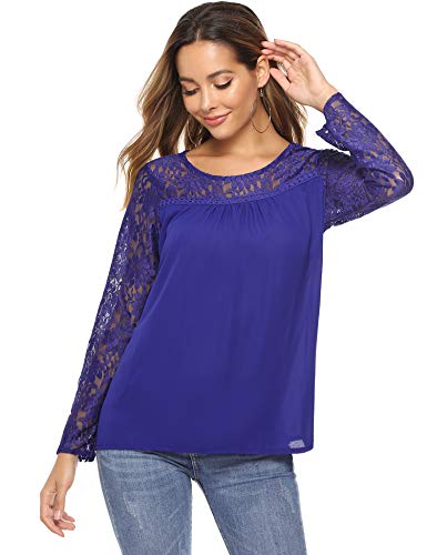Abollria Camisa Elegante de Mujer con Bordado y Encajes Blusa Manga Larga Pullover Ligero Top con Cuello Redondo para Primavera Verano Otoño, Azul, 2XL