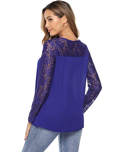 Abollria Camisa Elegante de Mujer con Bordado y Encajes Blusa Manga Larga Pullover Ligero Top con Cuello Redondo para Primavera Verano Otoño, Azul, S