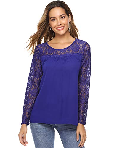 Abollria Camisa Elegante de Mujer con Bordado y Encajes Blusa Manga Larga Pullover Ligero Top con Cuello Redondo para Primavera Verano Otoño, Azul, S