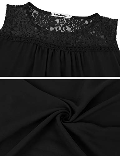 Abollria Camisa Elegante de Mujer con Bordado y Encajes Blusa Manga Larga Pullover Ligero Top con Cuello Redondo para Primavera Verano Otoño, Negro/Sin Manga, L(ES 42/44)