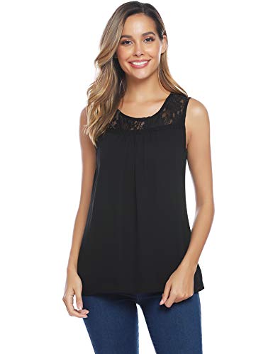 Abollria Camisa Elegante de Mujer con Bordado y Encajes Blusa Manga Larga Pullover Ligero Top con Cuello Redondo para Primavera Verano Otoño, Negro/Sin Manga, L(ES 42/44)