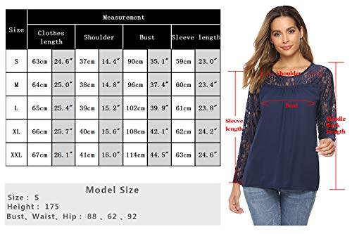 Abollria Camisa Elegante de Mujer con Bordado y Encajes Blusa Manga Larga Pullover Ligero Top con Cuello Redondo para Primavera Verano Otoño, Rojo Vino, M