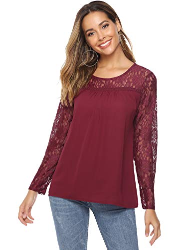 Abollria Camisa Elegante de Mujer con Bordado y Encajes Blusa Manga Larga Pullover Ligero Top con Cuello Redondo para Primavera Verano Otoño, Rojo Vino, M