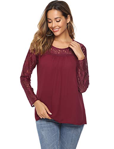 Abollria Camisa Elegante de Mujer con Bordado y Encajes Blusa Manga Larga Pullover Ligero Top con Cuello Redondo para Primavera Verano Otoño, Rojo Vino, M