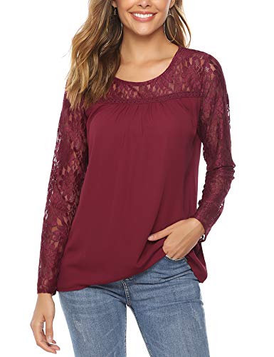 Abollria Camisa Elegante de Mujer con Bordado y Encajes Blusa Manga Larga Pullover Ligero Top con Cuello Redondo para Primavera Verano Otoño, Rojo Vino, M