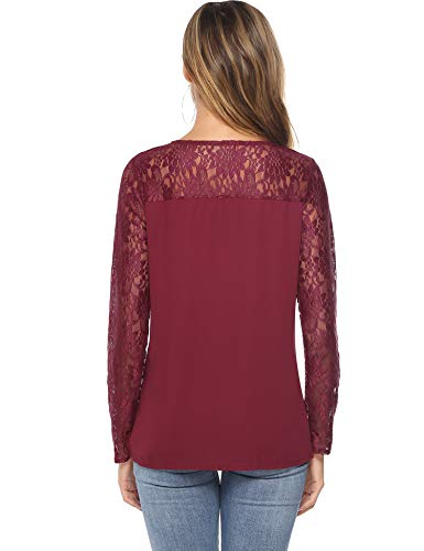 Abollria Camisa Elegante de Mujer con Bordado y Encajes Blusa Manga Larga Pullover Ligero Top con Cuello Redondo para Primavera Verano Otoño, Rojo Vino, M