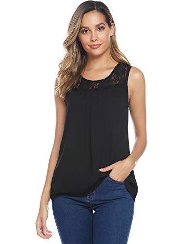 Abollria Camisa Elegante de Mujer con Bordado y Encajes Blusa Sin Manga Pullover Ligero Top con Cuello Redondo para Primavera Verano Otoño, Negro, M