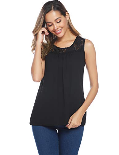 Abollria Camisa Elegante de Mujer con Bordado y Encajes Blusa Sin Manga Pullover Ligero Top con Cuello Redondo para Primavera Verano Otoño, Negro, M