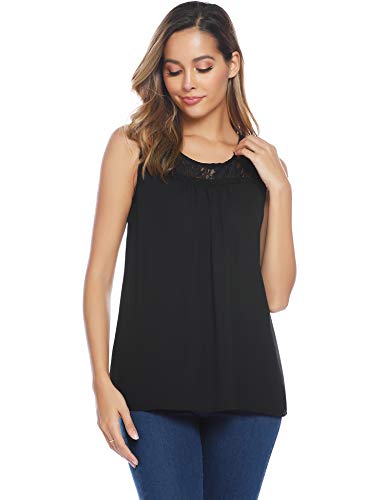 Abollria Camisa Elegante de Mujer con Bordado y Encajes Blusa Sin Manga Pullover Ligero Top con Cuello Redondo para Primavera Verano Otoño, Negro, M