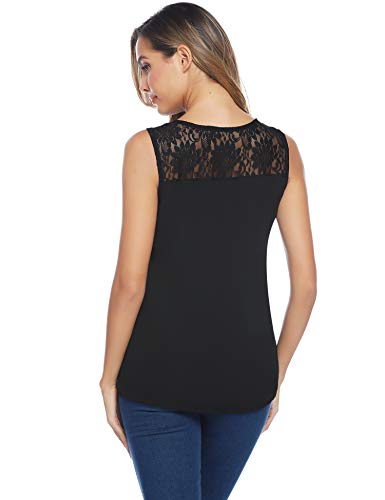 Abollria Camisa Elegante de Mujer con Bordado y Encajes Blusa Sin Manga Pullover Ligero Top con Cuello Redondo para Primavera Verano Otoño, Negro, M