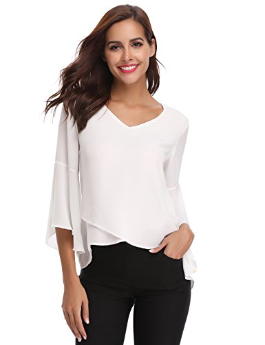 Abollria Camisa para Mujer 3/4 Mangas Elegante Blusa de Gasa Ligera Camisetas de Chiffon Cuello V Top Mangas Acampanadas Primavera Verano Otoño, Blanco, L