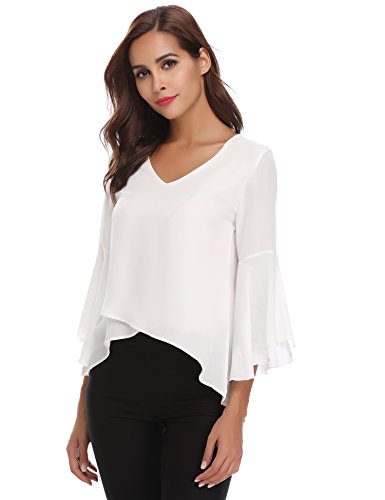 Abollria Camisa para Mujer 3/4 Mangas Elegante Blusa de Gasa Ligera Camisetas de Chiffon Cuello V Top Mangas Acampanadas Primavera Verano Otoño, Blanco, M