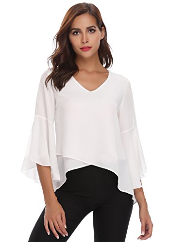 Abollria Camisa para Mujer 3/4 Mangas Elegante Blusa de Gasa Ligera Camisetas de Chiffon Cuello V Top Mangas Acampanadas Primavera Verano Otoño, Blanco, M