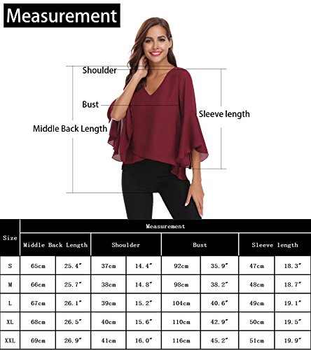 Abollria Camisa para Mujer 3/4 Mangas Elegante Blusa de Gasa Ligera Camisetas de Chiffon Cuello V Top Mangas Acampanadas Primavera Verano Otoño, Blanco, M