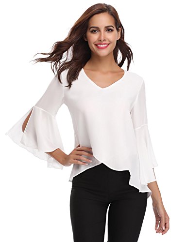 Abollria Camisa para Mujer 3/4 Mangas Elegante Blusa de Gasa Ligera Camisetas de Chiffon Cuello V Top Mangas Acampanadas Primavera Verano Otoño, Blanco, M