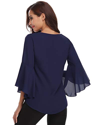 Abollria Camisas Mujer 3/4 Mangas Elegante Blusa Verano Camisetas de Gasa Cuello V Casual Chiffon Top Mangas Acampanadas para Primavera Otoño, Azul Real, L