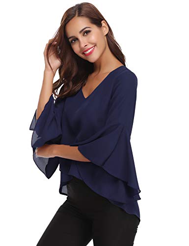 Abollria Camisas Mujer 3/4 Mangas Elegante Blusa Verano Camisetas de Gasa Cuello V Casual Chiffon Top Mangas Acampanadas para Primavera Otoño, Azul Real, L