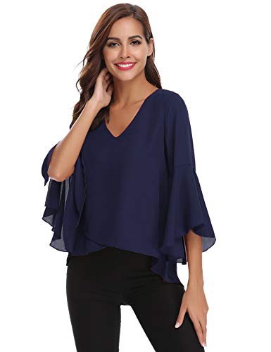 Abollria Camisas Mujer 3/4 Mangas Elegante Blusa Verano Camisetas de Gasa Cuello V Casual Chiffon Top Mangas Acampanadas para Primavera Otoño, Azul Real, L