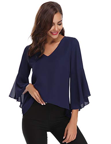 Abollria Camisas Mujer 3/4 Mangas Elegante Blusa Verano Camisetas de Gasa Cuello V Casual Chiffon Top Mangas Acampanadas para Primavera Otoño, Azul Real, L