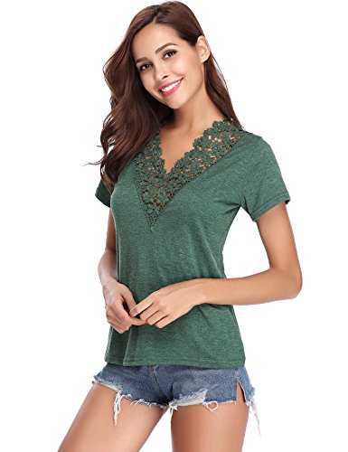 Abollria Camiseta Manga Corta para Mujer Camisa Algodón Casual Blusa con Bordado Sexy tee Shirt Cuello-V Deportivo T-Shirt Elasticidad Transpirable Basic Top para Verano Verde S