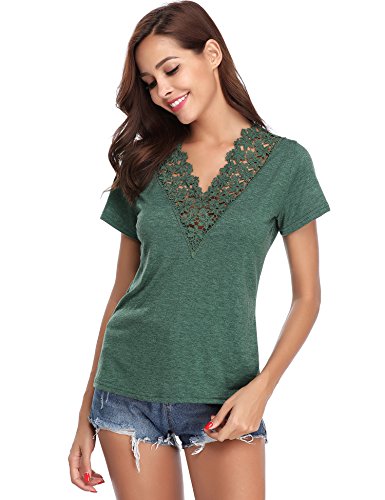 Abollria Camiseta Manga Corta para Mujer Camisa Algodón Casual Blusa con Bordado Sexy tee Shirt Cuello-V Deportivo T-Shirt Elasticidad Transpirable Basic Top para Verano Verde S
